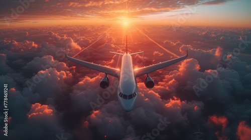 a large jetliner flying through a cloudy sky over a sunlit cloud filled with bright orange and pink clouds.