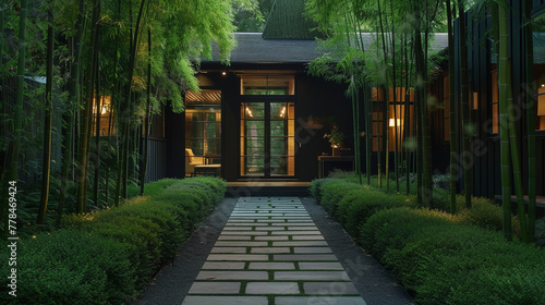 A contemporary craftsman cottage with a matte black exterior and emerald green accents. A sleek, linear pathway flanked by bamboo creates a modern, minimalist curb appeal. photo