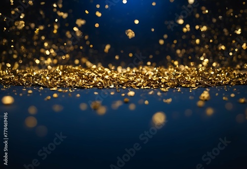 A dreamlike abstract background where a deep blue sky fades to black. Golden  dust-like particles shimmer and dance  with some glowing a soft blue. Hints of gold foil texture