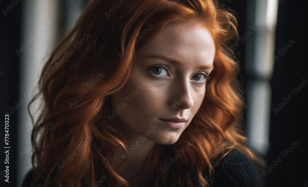Portrait of a beautiful red-haired model, a ginger model with a face of beauty and red hair, noir, contrast, color paint, multiple colors , detailed Portrait of a beautiful red-haired model, a ginger model with a face of beauty and red hair, noir, contrast, color paint, multiple colors , detailed