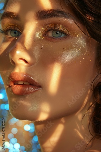 beautiful woman with gold colour bacground mixed with blue, shadows from Sun rays,