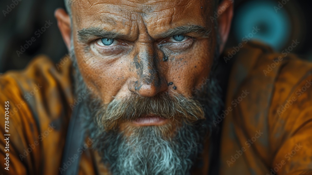 a close up of a man with blue eyes and a goatee with a pipe in his mouth and a beard. a close up of a man with blue eyes and a goatee with a pipe in his mouth and a beard.