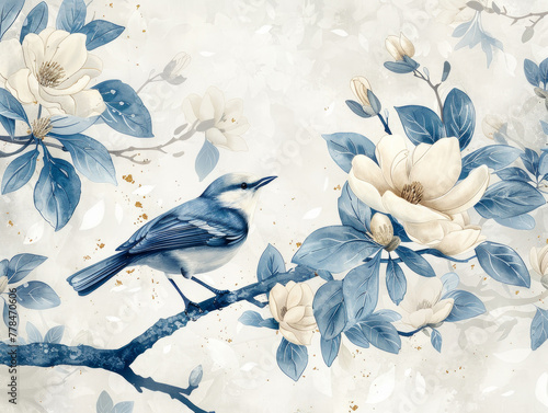 uccellino in piedi su un ramo di un albero pieno di fiori, linee dorate su uno sfondo bianco, circondato da nuvole bianche L'immagine è dipinta in stile inchiostro 