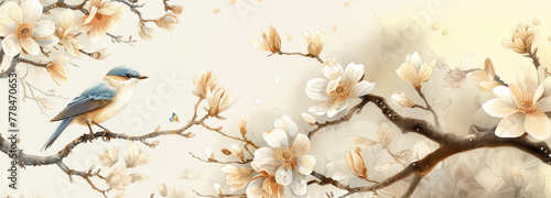 uccellino in piedi su un ramo di un albero pieno di fiori, linee dorate su uno sfondo bianco, circondato da nuvole bianche L'immagine è dipinta in stile inchiostro  photo