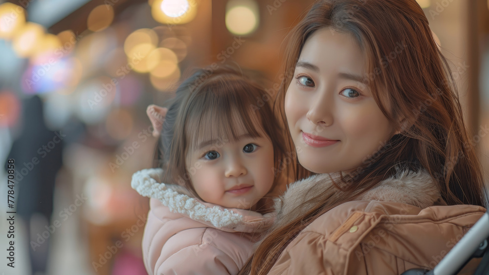 Obraz premium Warm Mother-Daughter Embrace in Glowing City Lights