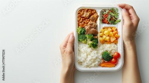 Hands of a child holding a plastic tray with unappetizing school lunch. Unappealing basic meal with rice, meat, cooked and raw vegetables. White background, copy space. Top view. photo