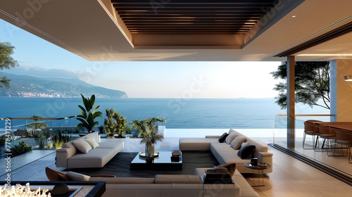 A large open living room with a view of the ocean © progressman