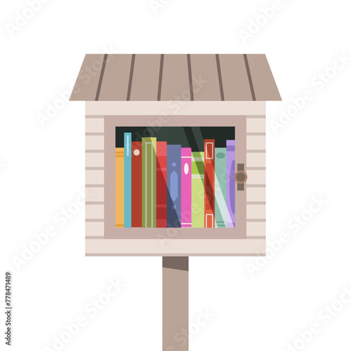 Neighborhood Little Free Book Library - Share a Book Concept, Summer Reading - Flat Vector Illustration