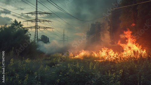 A juxtaposition of nature and danger, with greenery around and burning dry grass in a park glade under power lines.