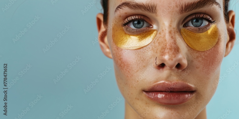 a woman with eye patches on a blue background a woman with eye patches on a blue background