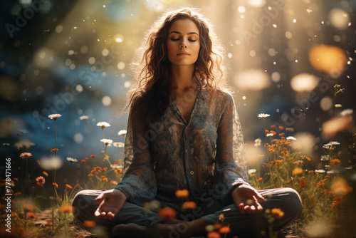A woman is sitting in a field of flowers, meditating