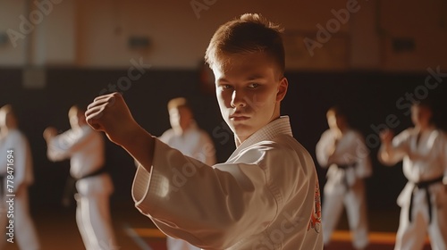 a boy in a karate stance with his arms up in the air and other people in the background photo