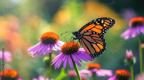 A monarch butterfly delicately landing on a vibrant purple coneflower, its wings gently fluttering.
