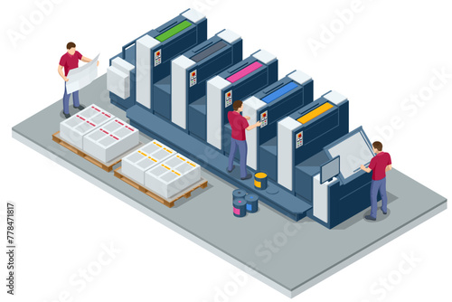 Isometric offset printing machine during production. Printing presses at work in the printing.