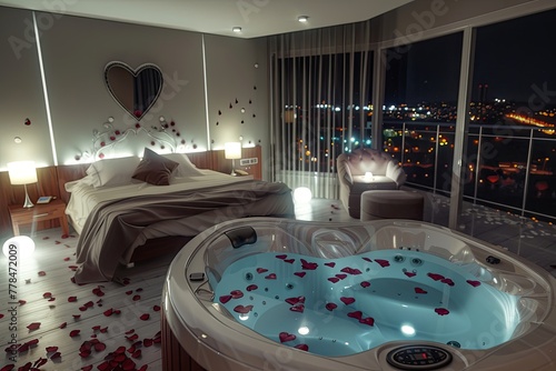 A romantic hotel bedroom designed for two, with a heart-shaped jacuzzi, soft, dimmable lighting, rose petals scattered across the bed, and a balcony with a view of the city lights at night.