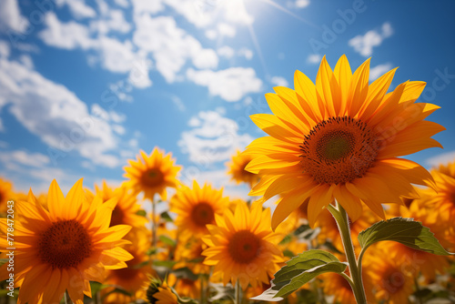 A field of sunflowers with a clear blue sky in the background
