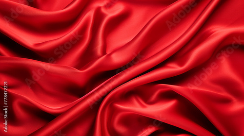 red silk background, close-up of a luxurious, rich satin fabric with light reflecting off its smooth, undulating waves, creating a sense of depth and texture.	