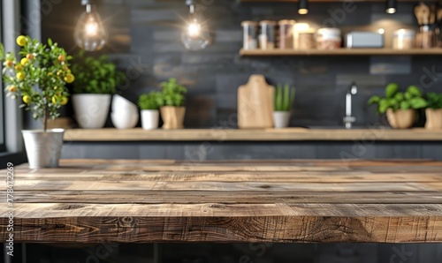 Wooden table top on blur kitchen room background,Modern Contemporary kitchen room interior © YuliiaMazurkevych