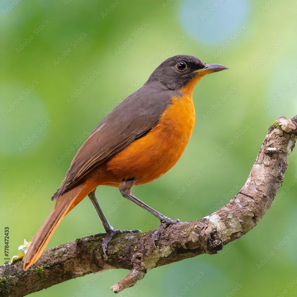 Bird from the Brazilian fauna, the orange thrush, perched on a tree branch Bird from the Brazilian fauna, the orange thrush, perched on a tree branch
