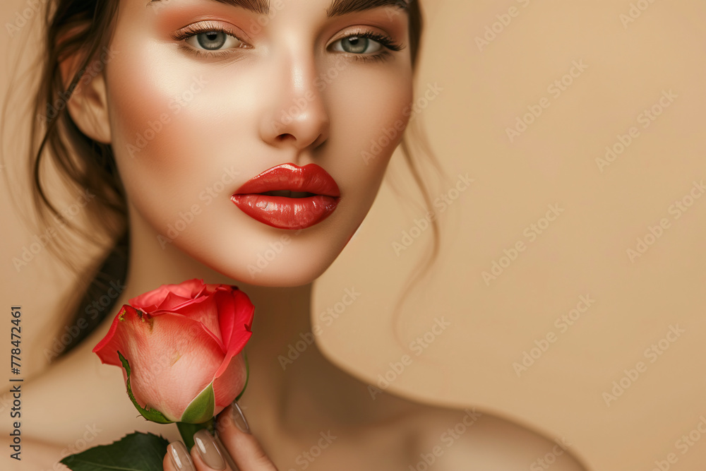 Beautiful woman with perfect lips and manicure holds a rose in her hand 