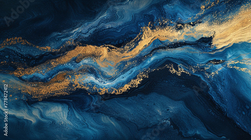 A visual journey of indigo and goldenrod paints, intertwining to craft an abstract scenic artwork.
