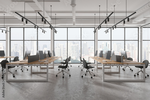 White open space office interior. Light comfortable workspace. Panoramic windows, industrial style