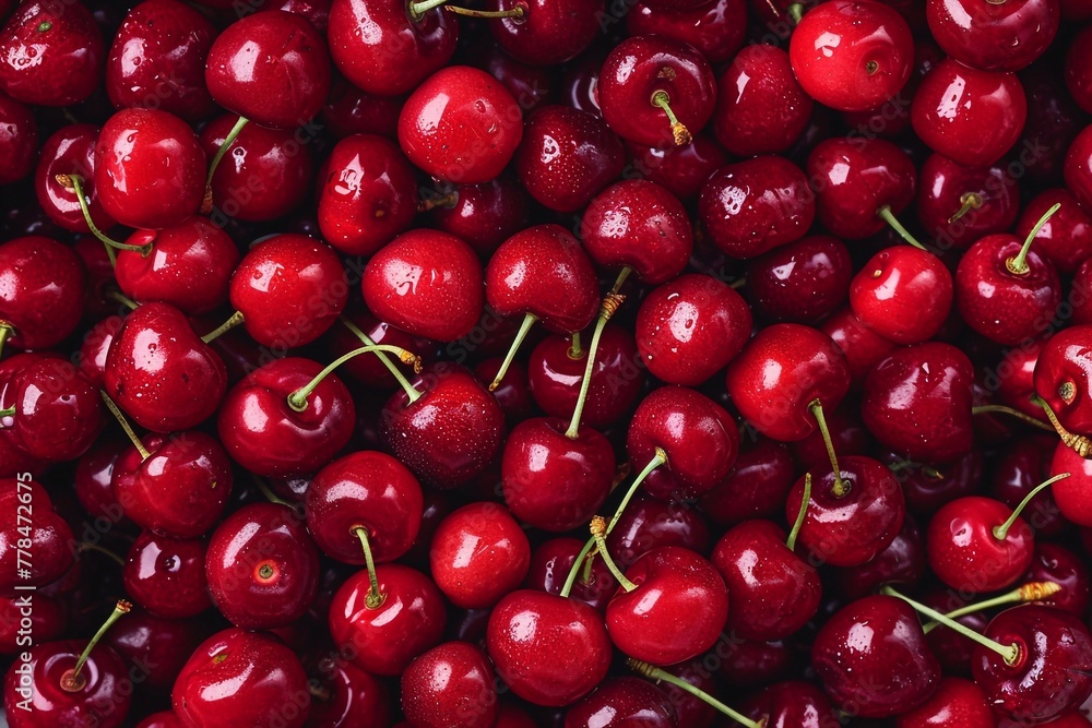 Cherries background. Top view of fresh red cherries. Generative AI Cherries background. Top view of fresh red cherries. Generative AI