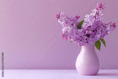 Bouquet of beautiful spring flowers of lilac in a vase on a white vintage wooden board, home decor in a rustic style. Generative AI.