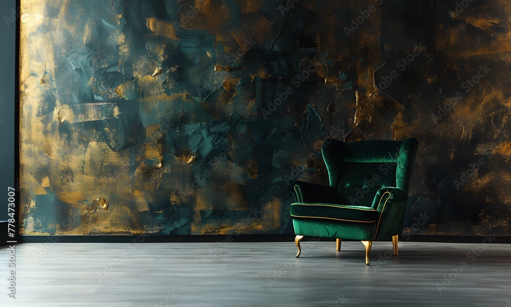 vintage velvet green armchair, part of a luxurious minimalist interior, dark wallpaper. - obrazy, fototapety, plakaty 