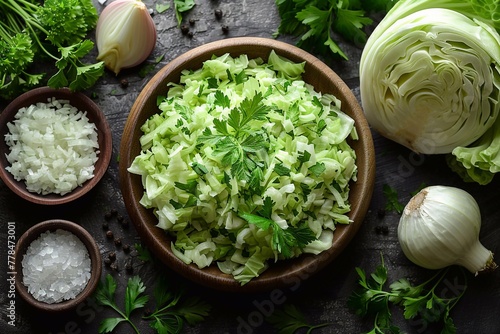 Fresh chopped cabbage and parsley in a bowl on a dark wooden background. Generative AI