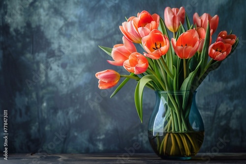 bunch of bright spring flowers in vase on dark background with copy space. Generative AI