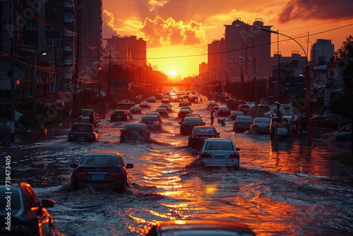Natures Fury Unleashed: A Flooded Cityscape Under Vibrant Sunset. photo