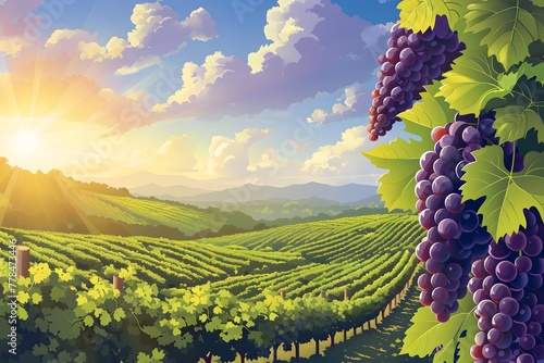 Burgundy vineyard in France, wine sampling, renowned grapes vector design, depiction of Bordeaux landscape, tranquil natural winery, delectable French wines, cabernet red wine grape harvest. photo