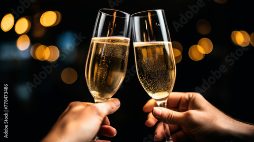 two hands holding champagne glasses, making a toast. The background bokeh suggests a festive or celebratory atmosphere.