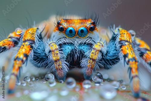 Vibrant Macro Capture of a Colorful Spider Amidst Dew. © Sandris