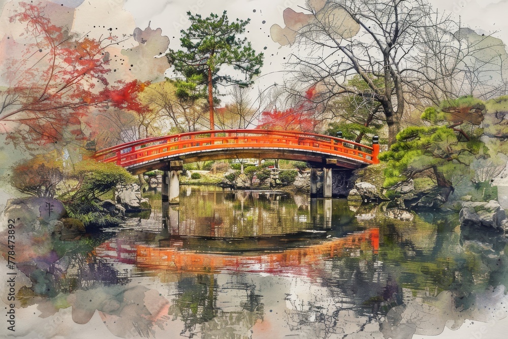 Japanese Spring Garden Landscape Painting, Japan Garden Watercolor Tradition Draw, Copy Space