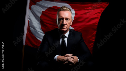 portrait of a man. A man in a suit with a confident expression stands before a draped flag, suggesting themes of leadership, authority, or governmental presence.