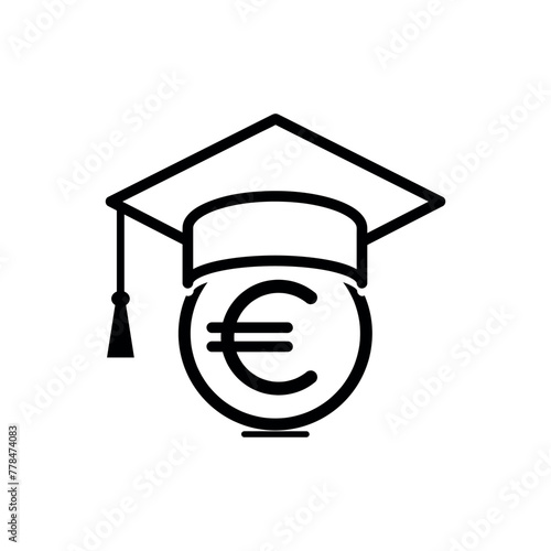 scholarship black line symbol vector logo, euro coin wearing a graduation hat, student loan, money loan for education