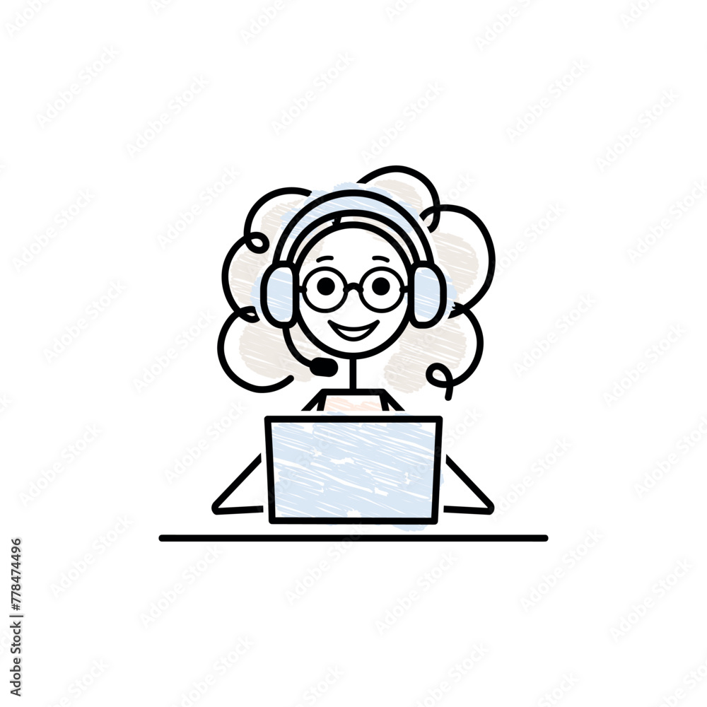 curly girl character working in a call center black outline pencil drawing simple vector illustration curly girl character working in a call center black outline pencil drawing simple vector illustration