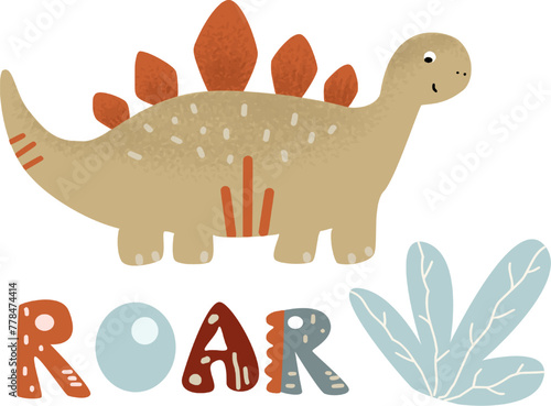 Roar dinosaur. Vector funny lettering quote with dino in pastel colors, boho style, illustration for greeting card, t shirt, print, stickers, posters design. Vector illustration