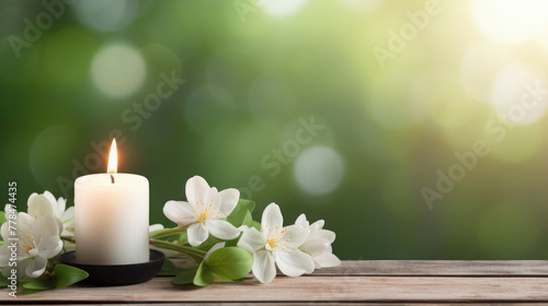 Candle with flowers and blossoms, blurred green background with bokeh and space for text or design - wellness, yoga, meditation, massage, aromatheraphy, relaxation, beauty, spa