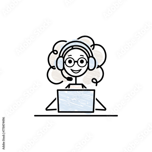 curly girl character working in a call center black outline pencil drawing simple vector illustration