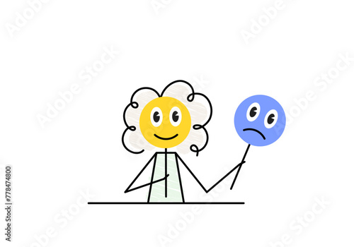 positive thinking concept, positive mood, curly girl is holding a happy face mask simple sketch, doodle vector illustration