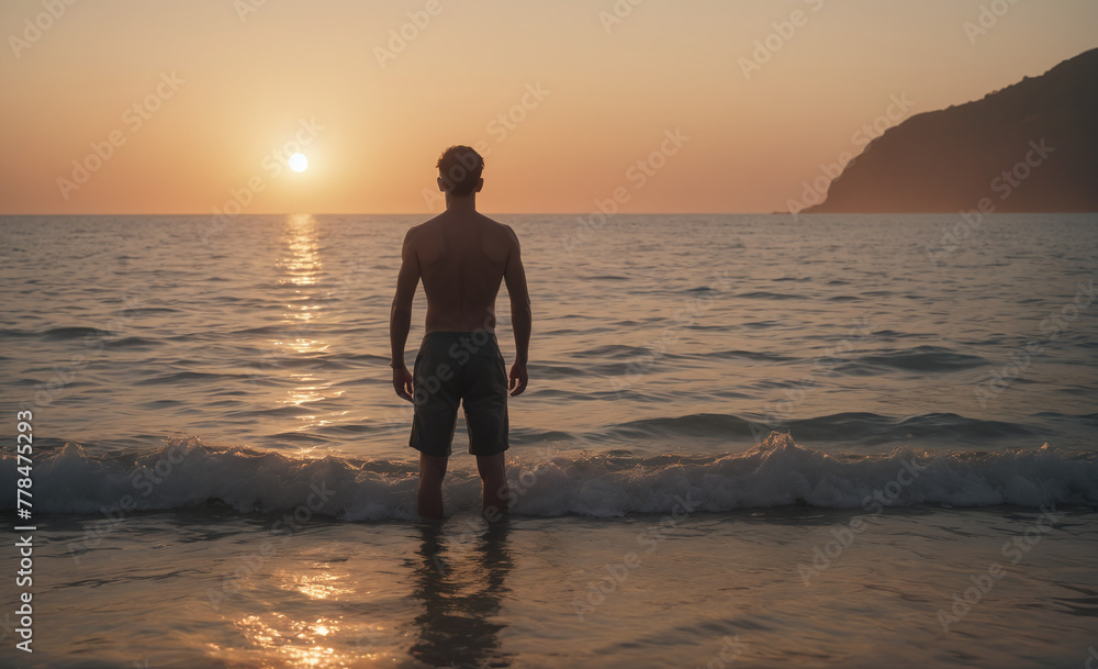 A man stands in the ocean, surrounded by the tranquil waters, as the sun sets in the background , detailed