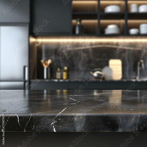 Black marble tabletop in light modern kitchen as a showcase display platform for goods and products