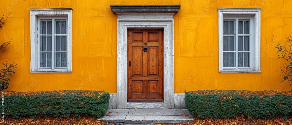 a yellow building with two windows and a wooden door with a planter in front of it on a sidewalk.