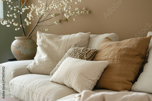 Interior of light living room with sofa and pillows in natural colors. Generative AI