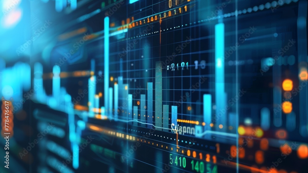 Financial data including charts, bars, and numbers indicative of market analysis