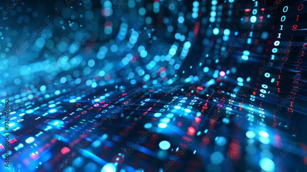 A vivid blue digital cascade of binary code, representing the concept of data processing and cybersecurity A vivid blue digital cascade of binary code, representing the concept of data processing and cybersecurity