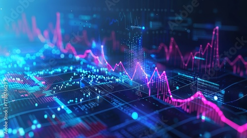 A digital representation of financial stock trading, with dynamic graphs and data points symbolizing market trends